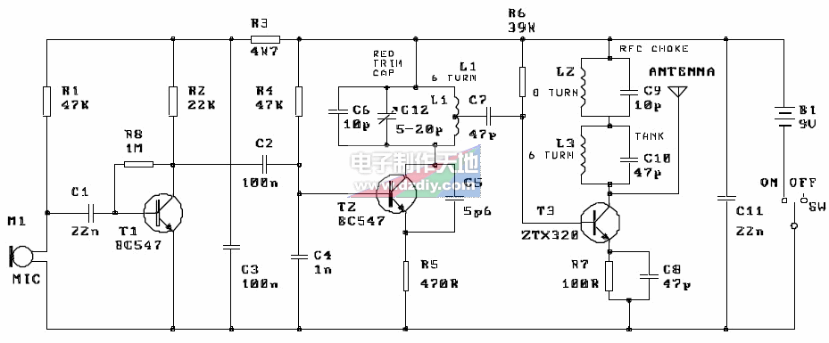 Three Stage 9V FM Transmitter circuit 